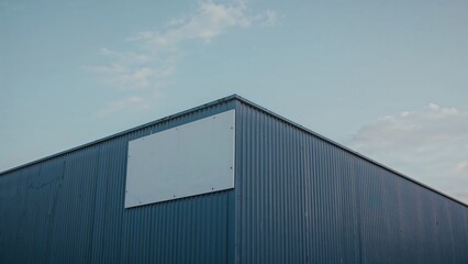 Fototapeta premium Warehouse building with corrugated metal walls and a blank white sign.