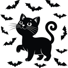 Cute black cat with flying bats illustration
