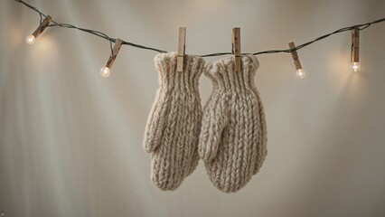 A pair of knitted wool mittens hanging from a string of light bulbs with clothespins. Cozy winter accessories. Warm knitwear display. Soft lighting and home decor.