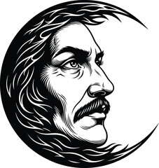 Stylized Moon Face Vintage Illustration Vector