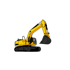 Yellow Excavator Operating On Construction Site.