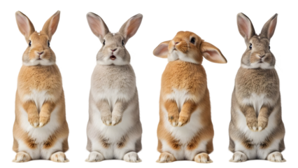 Four rabbits standing upright isolated on transparent background