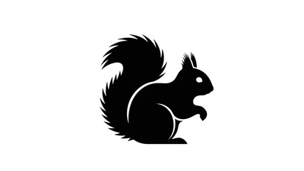 Black Silhouette of a Squirrel with a Fluffy Tail on a White Background