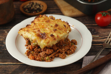 A shepherd's pie, freshly backed and ready to be served. Traditional English dish