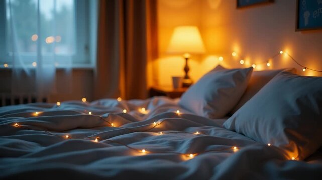 Video A cozy bed with a white comforter and some lights on, perfect for an intimate moment or a peaceful night's sleep