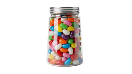 Colorful jelly beans in a clear glass jar isolated on transparent background