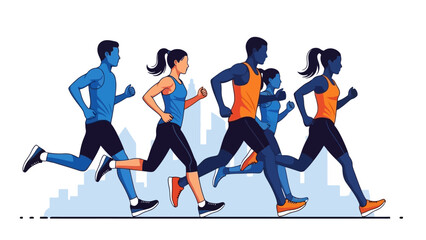 Diverse Group of Runners Training Together for a Marathon in a City Landscape