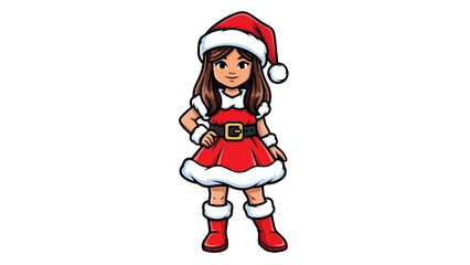 Cute Cartoon Girl Wearing a Festive Santa Claus Costume with Hat and Boots