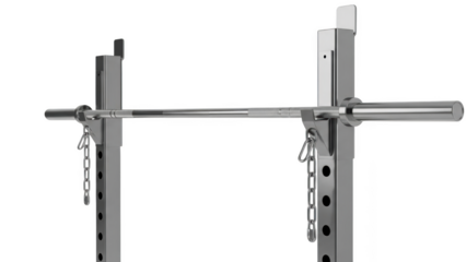 Silver barbell resting on gym rack with metal chains weightlifting fitness