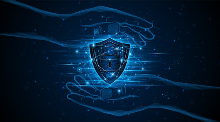 Abstract hand holding shield and lock symbol of data protection and cyber privacy. Network security system. Advanced security technology innovation concept background	