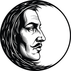 Moon Face Illustration Vintage Style Vector