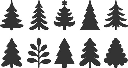 Obraz premium Vector Black Tree Silhouettes Set Collection of Pine, Fir, and Evergreen Conifer Icons and Illustrations