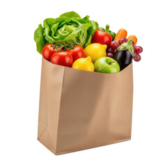 Brown paper bag filled with fresh colorful vegetables and fruits, isolated background