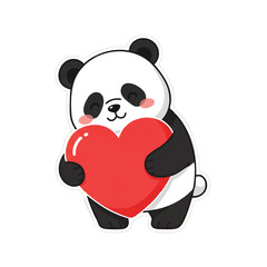 Adorable Valentine panda bear, rendered in a 2D flat style vector illustration, sweetly hugging a large bright red heart while isolated on a clean white background, symbolizing affection and love.