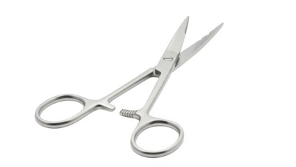 Silver surgical hemostat clamp with serrated jaws on black background surgical instrument