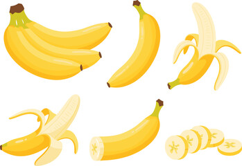 Collection of bananas in various stages including whole, peeled, sliced fruit illustrations for healthy food, tropical, and nutrition designs © Shamim