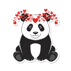 A lovable 2D flat design panda bear character is playfully holding a delightful red heart garland, conveying sweet affection, isolated on a clean white background for Valentine's Day celebration.