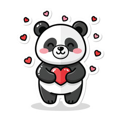 A cute smiling panda bear illustration featuring heart confetti falling around the cheerful character, perfect for a Flat 2D Valentine's Day sticker on a clean white background.