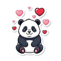 Adorable baby panda vector illustration sticker featuring floating pink heart bubbles, creating a sweet and lovely graphic perfect for celebrating Valentine's Day on an isolated white background.