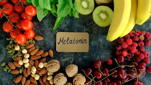 Foods containing melatonin on a beautiful background. Selective focus.