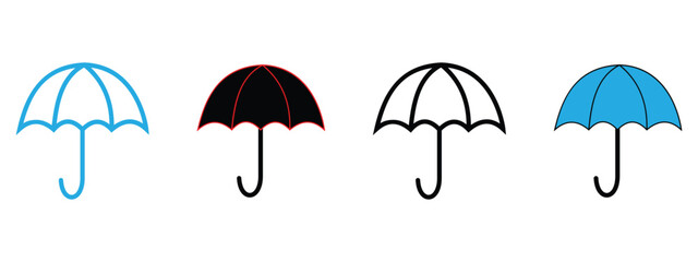 Umbrella Icon Set – Silhouette, Outline & Glyph Style Vector for Protection, Weather & Beach Concepts