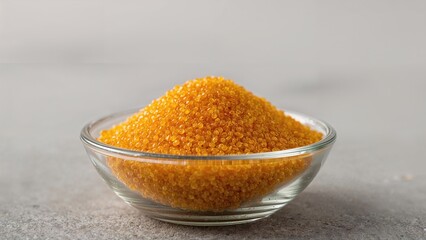 Golden sugar granules in a glass bowl. Sugar and sweetener, ingredient. Food, baking, and cooking concept. The idea of sweetening and flavor enhancement.