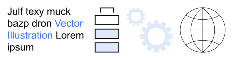 Technology, global network, innovation, energy, process optimization, engineering. Wireframe globe, battery icon gear shapes. Technology and global network concepts with universal symbols