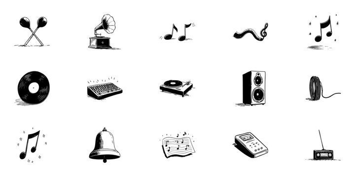 Musical Instruments And Audio Equipment Doodle Sketch Set. Vintage And Modern Music Elements In Hand Drawn Style Collection. Includes Gramophone, Vinyl, Speakers, More. Isolated Vector Illustration