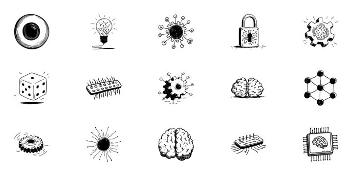 Technology, Security, Innovation, And Science Concepts In Hand Drawn Style Collection. Doodle Sketch Set. Isolated Vector Illustration