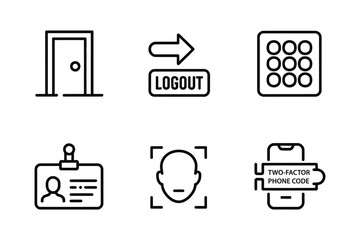 A collection of login and security related line icons including facial recognition and two-factor authentication