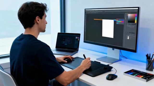 Creative professional customizing digital layouts with AI tools enhancing design efficiency and precision in a modern workspace environment.