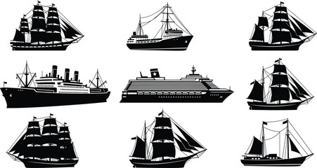 Ship silhouettes, boat icons, sailing vessels, cruise ship, cargo ship, maritime design, nautical art, vintage boats, sea transport, ocean travel © Rifat Creatives