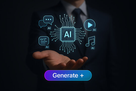 Artificial intelligence concept: businessman holding a glowing microchip in his hand with integrated circuits for generating new content like code, music, text, and videos - Powered by Adobe