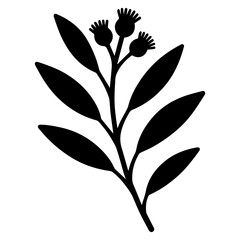 Black and white minimalist vector illustration of a leafy botanical eucalyptus branch with three small buds on top, simple silhouette, isolated on a white background.