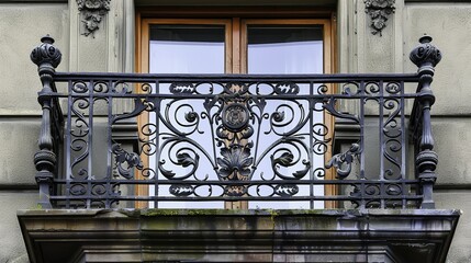 Ornate wrought iron balcony with decorative scrollwork and floral motifs on a historic building facade