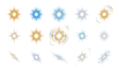 Bright lens flare collection. Transparent glow effects, star flashes, shiny rays and glowing light spots for photo overlays, digital design, nature sunshine, sky illumination, and decoration.