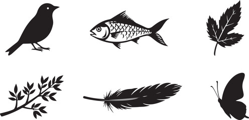 Nature Silhouette Icon Set &ndash; Black Bird, Fish, Leaves, Branch, Feather & Butterfly Vector Collection