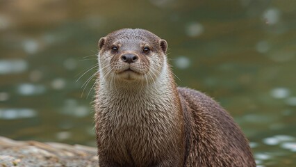 Close-up of a ferret, looking directly at the camera by the water. Wildlife and nature scene. Animal photography and wildlife conservation. The focus on the animal's face.
