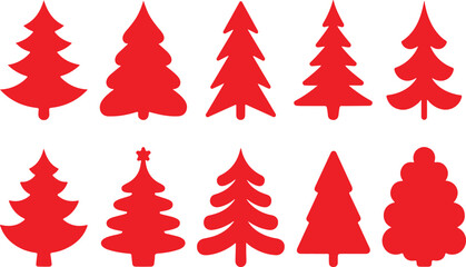 Fototapeta premium Vector Red Christmas Tree Silhouettes Set Collection of Festive Pines, Fir Trees, and Holiday Icons