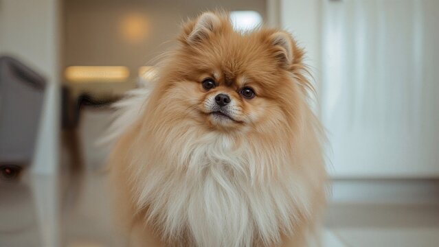 Pomeranian dog indoors in a home environment. Pet and animal. Cute and fluffy dog. The concept of small dog breeds.