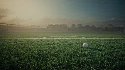 A football on a grassy field under a cloudy sky, with a cityscape in the background, labeled 2065.