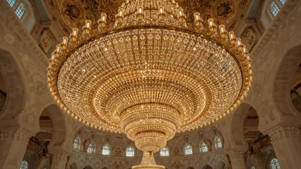 A grand chandelier in an opulent interior with intricate architectural details and ornate lighting fixtures.