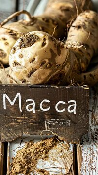 Peruvian maca and supplement capsules. Selective focus. nature.