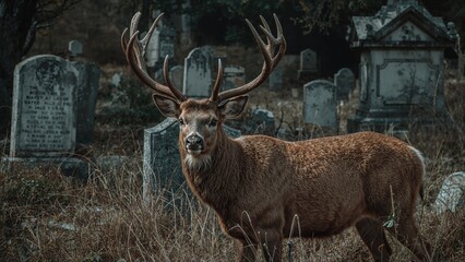 Obraz premium A majestic elk with large antlers standing in a graveyard surrounded by old tombstones.