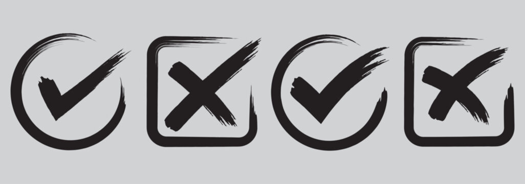 Dirty grunge hand drawn with brush strokes cross X and tick OK check marks V vector illustration set isolated on white background. Check mark symbol NO and YES buttons for vote in the box, web, etc. E