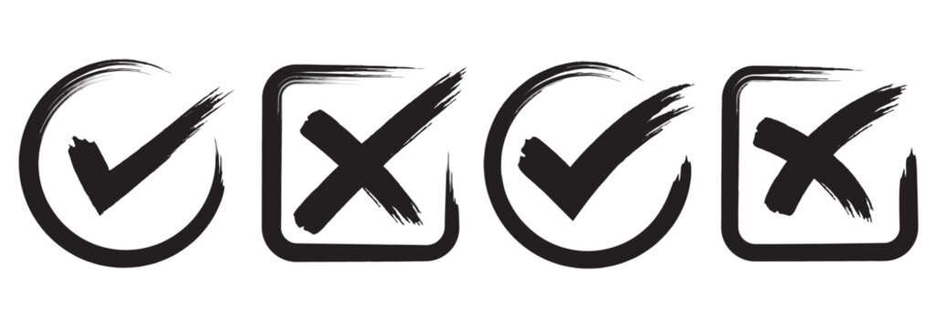 Dirty grunge hand drawn with brush strokes cross X and tick OK check marks V vector illustration set isolated on white background. Check mark symbol NO and YES buttons for vote in the box, web, etc. E