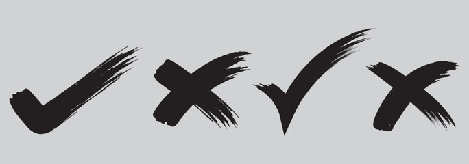 Check mark grunge icon set. Hand drawn doodle checkmark and cross icons set checklist marks in box and circle grunge brush style vector. Brush, marker drawn check mark and cross icon set Collection. E