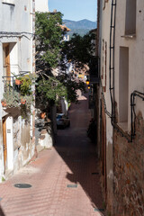Sunny Narrow Street with Balconies and Plants in Mediterranean Town