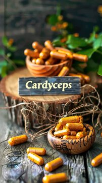 Supplements capsules cordyceps and mushrooms. Selective focus. nature.