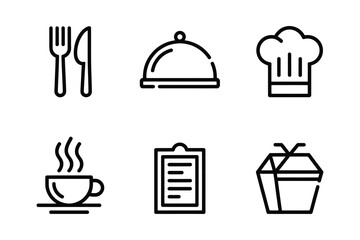 Minimalist black and white line icons representing food, restaurant, and dining concepts